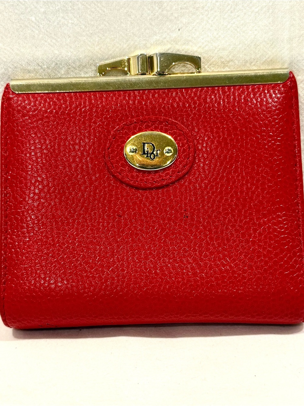 Dior Red Pebbled Leather Compact Coin Purse Wallet with Gold Hardware